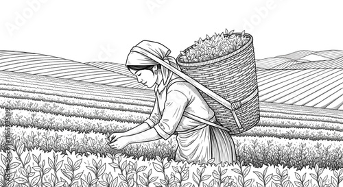 Woman Harvesting Tea Leaves in Plantation Field Manual Labor Agriculture Illustration