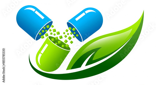 Natural Medicine Capsule Opening Into Green Leaf Organic Supplement and Herbal Wellness Product