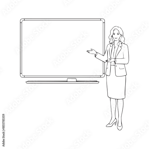 Line drawing of a female teacher standing next to a blank blackboard. Woman presenting or explaining concepts. Hand-drawn vector sketch illustration isolated on white background.
