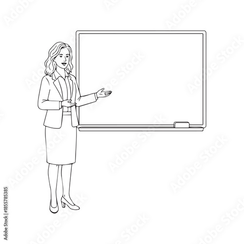 Line drawing of a female teacher standing next to a blank blackboard. Woman presenting or explaining concepts. Hand-drawn vector sketch illustration isolated on white background.
