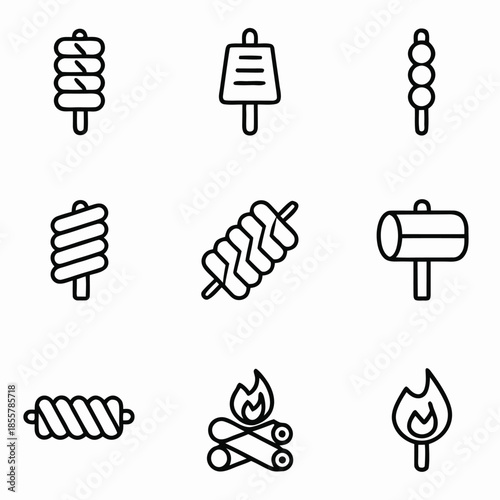 A collection of nine simple line art icons representing various food items and cooking elements like skewers and campfires.