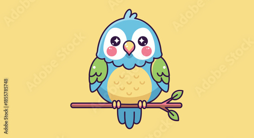 Whimsical cartoon bird perched on branch against a solid colored backdrop adding playful touch