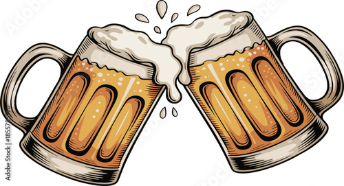 Classic Foaming Beer Mugs Clinking Together Vector Illustration For Pub Brewery and Octoberfest Celebration Designs