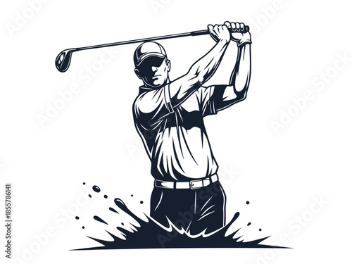 Golfer in Action Vector Illustration, Man Swinging Golf Club, Sports Scene, Athletic Activity, Detailed Artwork