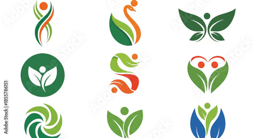 Organic Health And Wellness Logo Icons Set Abstract Human Figure And Green Leaf Symbols