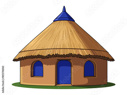 Traditional African Hut with Thatched Roof and Blue Door, a Vector Illustration of Rural Architecture