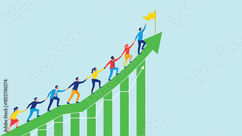 Team Climbing Upward Trending Bar Chart Arrow Towards Goal Flag business success