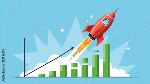 Cartoon Rocket Launching Above Rising Bar Chart for Growth Concept business success