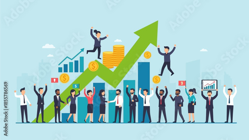 Business Team Celebrating Financial Growth and Upward Trend with Arrow Chart business success