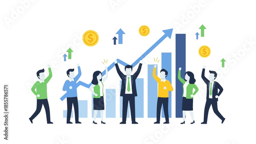 Business Team Celebrating Financial Growth with Upward Trend Chart and Currency Symbols business success