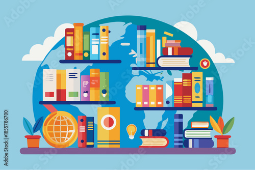 Colorful bookshelf with books, globe, and plants in front of world map symbolizing global education and knowledge sharing