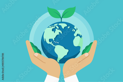 Hands holding Earth with green leaves symbolizing environmental protection, sustainability, and care for the planet in flat vector style