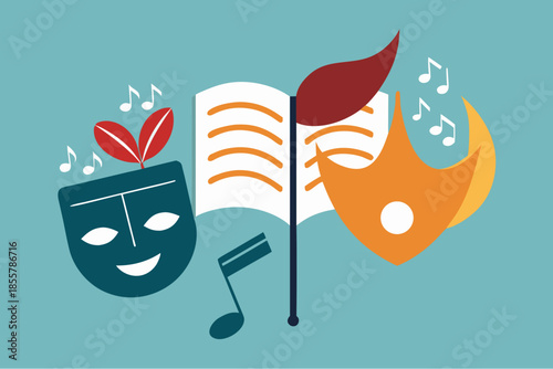 Theater masks, music notes, and open book symbolizing performing arts, creativity, and artistic expression in flat vector style