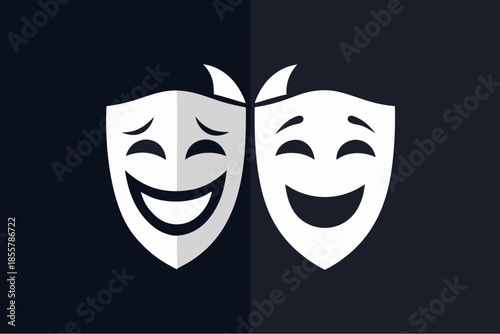 Two comedy theater masks with smiling faces symbolizing performance, entertainment, and joy in dramatic arts