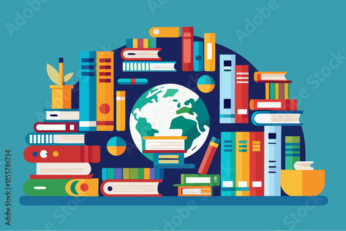 Global education concept with colorful books and globe on bookshelf in flat vector illustration
