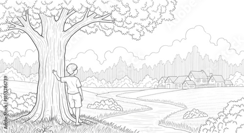 Boy Gazing at Scenic Countryside Village, Inspiring Childhood Dreams, Summer Vacation, Peaceful Rural Landscape for Travel and