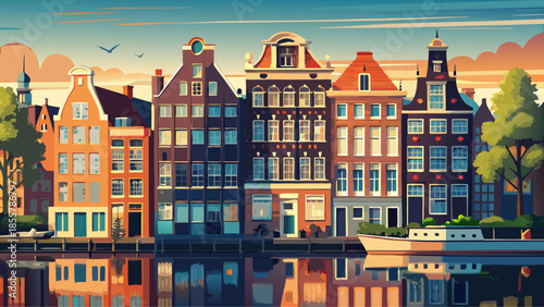 Very beautiful view of historic houses lining the Amstel River canal in Amsterdam, reflecting classic Dutch architecture, calm water, and timeless charm within the heart of the Netherlands capital.
