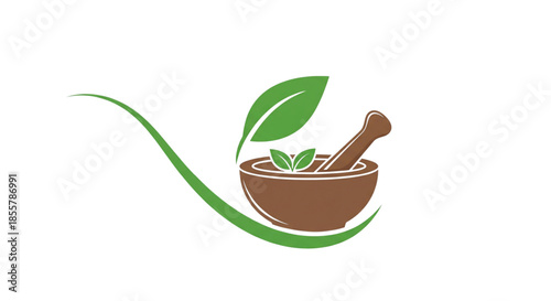 Herbal Medicine Mortar Pestle Natural Remedy Leaf Logo for Wellness Health Care Pharmacy Organic Products
