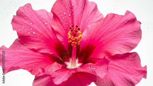 Extremely detailed slow motion capture of a magnificent vibrant pink hibiscus flower gently blooming and unfolding its petals against a perfectly isolated white background life, blossom, white