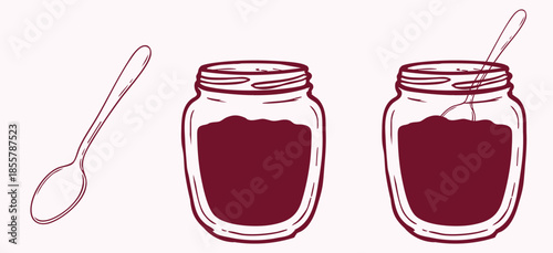 Hand drawn vector line art of jam jars and a spoon. Glass pot filled with sweet fruit preserve or jelly for kitchen and food design projects. filled with sweet fruit preserves, jelly, or honey.