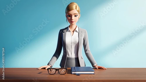 A professional 3d animated businesswoman stands ready to start her daily january routine, leaning on a wooden desk with glasses and a notebook against a bright teal office background.