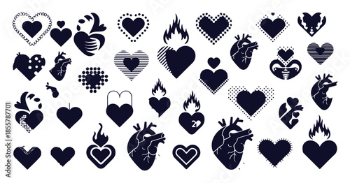 Dark silhouette heart set, anatomical, flaming, and patterned hearts for design elements