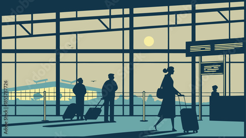 Travelers walking through airport terminal with luggage at dusk