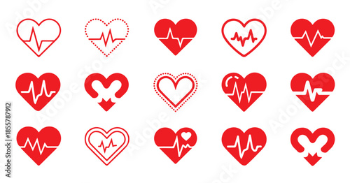 Set of red heartbeat icons and pulse line symbols, collection of medical heart rate pictograms