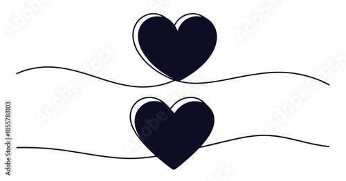 Continuous line drawing of two hearts joined by a single line with solid black color fill