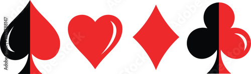 Four playing card suits spade heart diamond club in red and black