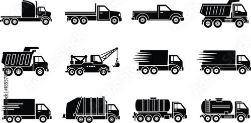 Commercial truck vehicle silhouette collection, transportation logistics icons, delivery construction industrial vehicles, black vector illustration isolated on white