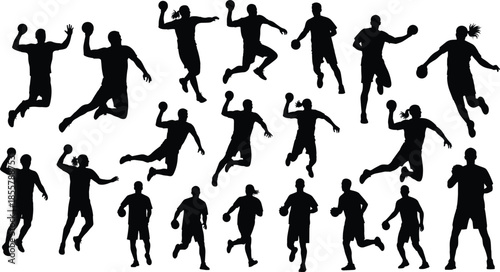 Handball player silhouettes set showing jump throw run pass actions, dynamic sport athletes illustration, isolated black vector collection