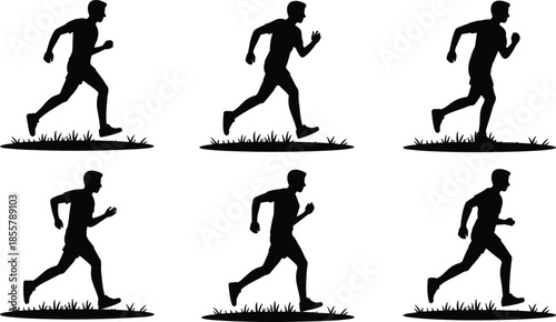 Running man silhouette set, jogging and sprint poses collection, fitness exercise illustration, athletic motion icons isolated on white background