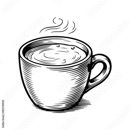 Hand-drawn engraving style illustration of a steaming hot cup of coffee or tea isolated on white.