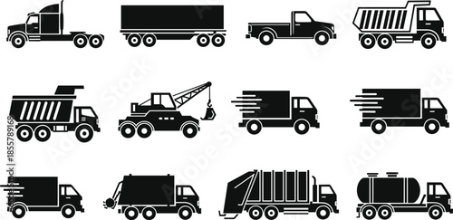 Truck silhouette icons set, various commercial vehicles collection, transportation logistics illustration, black vehicle symbols isolated on white background