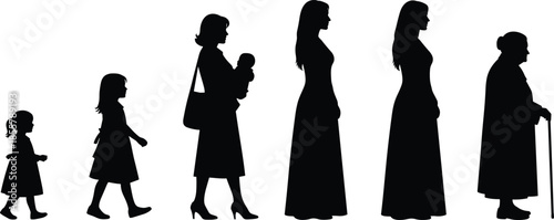 Woman life stages silhouette illustration showing female aging process from childhood to elderly, family generation timeline concept, black vector