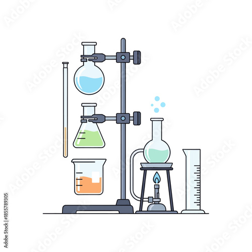 Scientific laboratory setup with glassware including beakers flasks and burners for chemical