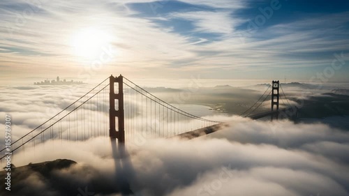 Golden Gate Bridge Emerges from a Sea of Fog at Sunrise - Breathtaking Aerial Views