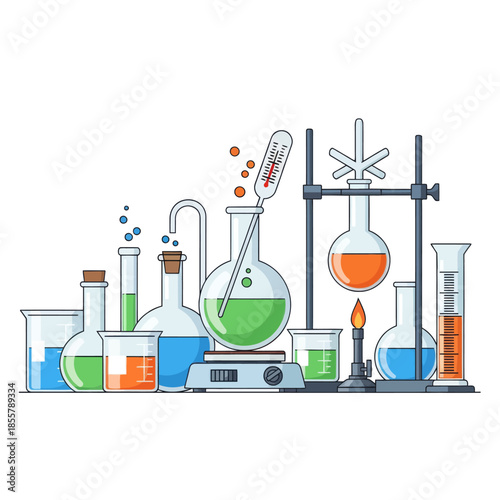 Comprehensive laboratory glassware setup with colorful liquids and scientific instruments