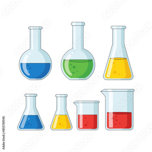 Set of colorful laboratory glassware including beakers and test tubes with liquids in various