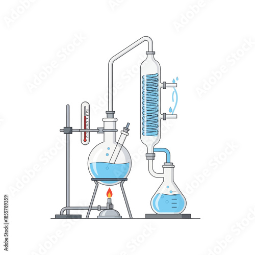Detailed laboratory glassware setup illustrating distillation apparatus with safety mechanisms and