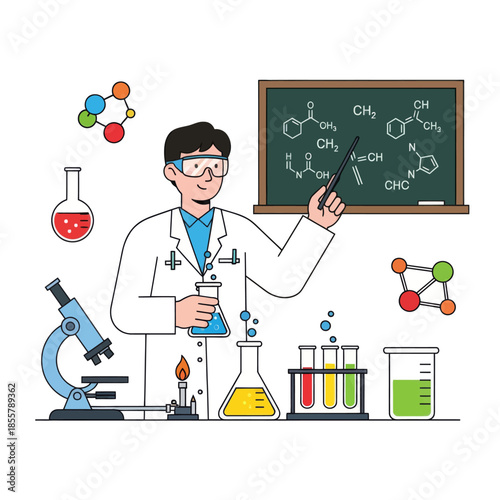 scientist conducting chemistry experiments in a modern laboratory with molecular models and lab