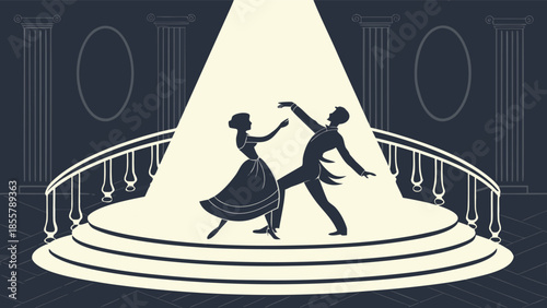 Elegant couple dancing under spotlight on stage