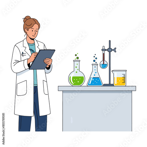 Feminine scientist conducting chemical experiments with laboratory glassware in a bright clean lab
