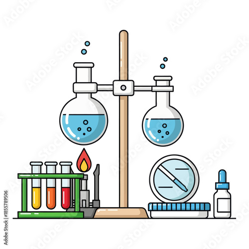 Scientific laboratory setup with glassware instrumentation and chemical reagents for analytical
