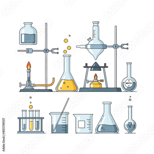 Illustration of various laboratory glassware and equipment used in scientific experiments and