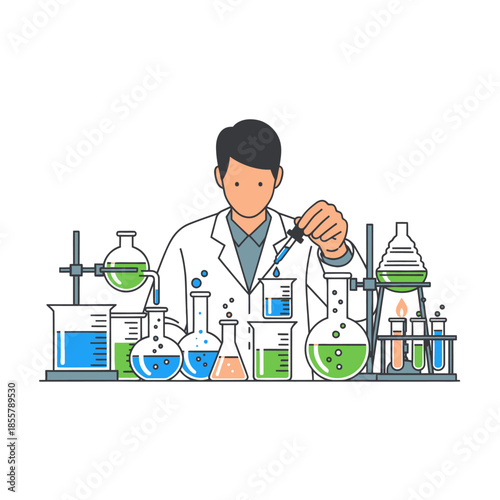 Young scientist conducting chemical experiments in a laboratory with colorful glassware and