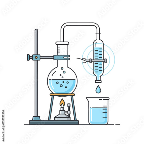 Simplified laboratory glassware setup demonstrating chemical reaction process with bubbling and