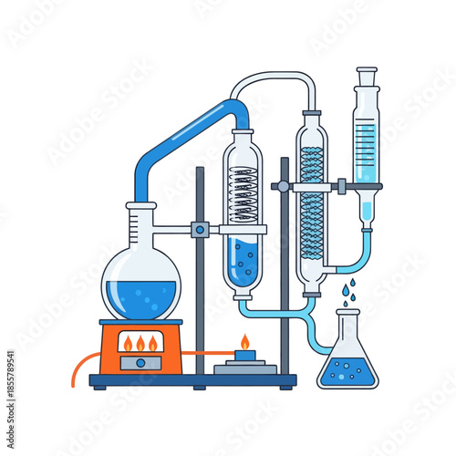 Complex laboratory glassware setup for chemical reactions and experiments