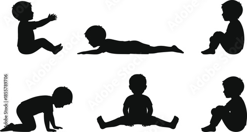 Large set of black silhouettes featuring a young boy performing various stretching exercises, yoga poses, and floor workouts, white.